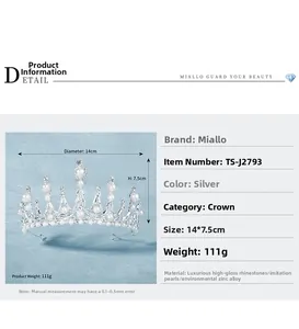 Spécifications de taille pour couronne de mariée argentée avec strass et perles