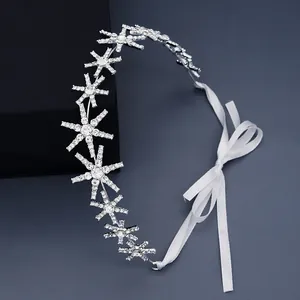 Star Snowflake Rhinestone Headband With White Satin Ribbon Elegant Silver Hair Band For Wedding Party Women Jewelry