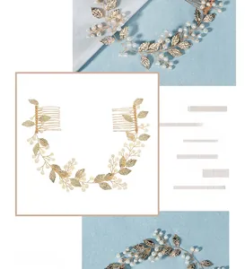 Detailed view of handmade gold leaf and pearl bridal hair comb with elegant vine design