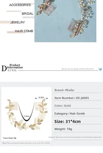 Detailed view of handmade golden bridal hair comb with pearls and leaf accents, 31x4cm size