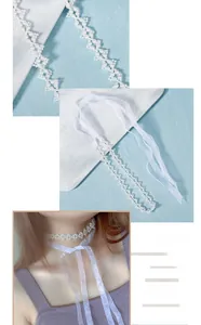 Détail d'un ras du cou en perles blanches avec de délicats rubans en tulle transparent