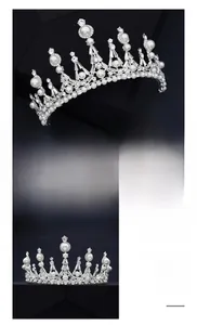 Détail de diadème de mariée argenté avec motif de vigne, strass et perles blanches