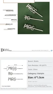 Detail view of MISS TO MRS silver letter hair pins set with sparkling rhinestones