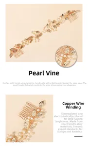 Close-up of handmade golden leaf and pearl bridal hair comb with polished alloy finish