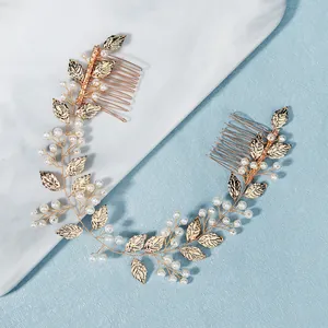 Handmade Wedding Hair Comb Gold Leaf Artificial Pearl Bridal Headpiece Long Hair Vine Wedding Hair Accessories For Bride Women Jewelry