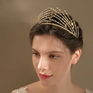 Luxury Gold Alloy Rhinestone Bridal Crown Radiant Geometric Tiara For Wedding Birthday Party High End Women Hair Accessories