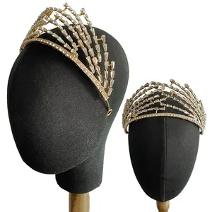 Elegant gold crown with geometric rhinestones for weddings and party accessories
