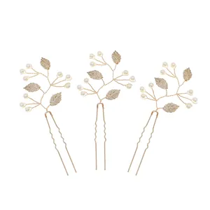 Wedding Bridal U-Shaped Hair Pins Set Alloy Leaf Faux Artificial Pearl Handmade Winding Hair Sticks For Women Party Hair Styling Jewelry