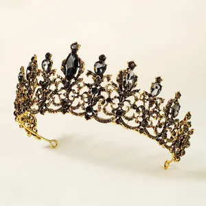 Baroque style gold and black rhinestone crown with hollow pattern for bridal hair accessory