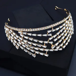 Elegant gold bridal crown featuring luxury alloy and multi-row sparkling rhinestones