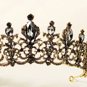 Vintage black rhinestone hollow crown in antique gold for bridal wedding hair styling