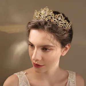 Corona de Novia Vintage de Aleación de Zinc con Diamantes de Imitación de Vidrio Hoja para Boda Fiesta de Cumpleaños Tocado de Joyería