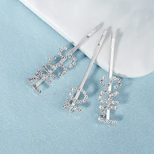 Three-piece silver hair clip set with MISS LOVE SHE rhinestone letter designs