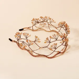 Handmade beaded vine headband with peach crystal beads and gold wire finish