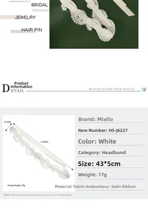 Detailed size chart for the bridal lace headband with fabric flowers and satin ribbons
