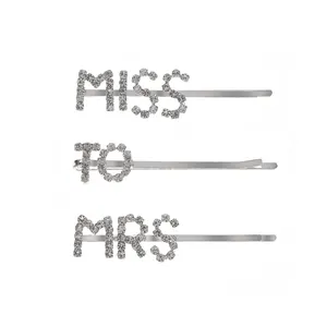 Three-piece silver bridal hair clip set with MISS TO MRS rhinestone lettering