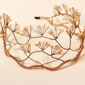 Handmade champagne crystal bridal headband with gold wire branches and beaded details