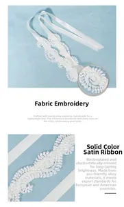 Close-up of elegant white bridal lace headband with floral embroidery and shiny rhinestones