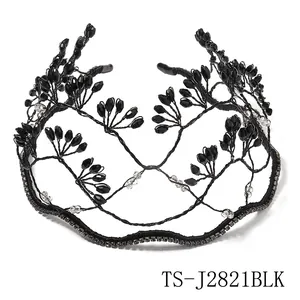 Handmade black beaded mesh crown headband with sparkling crystals for bridal hair styling