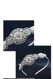 Detailed view of handmade bridal headband with white pearls and sparkling rhinestones