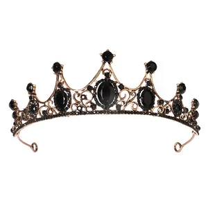 Vintage baroque bridal tiara with bronze alloy hollow design and black rhinestones