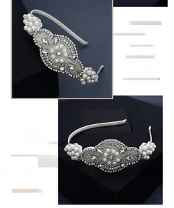 Detailed macro view of retro bridal headband with hand-sewn pearls and sparkling rhinestones