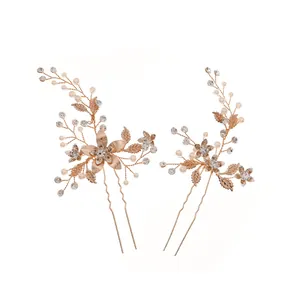Paire d'épingles à cheveux de mariée dorées avec perles et cristaux pour coiffures de mariage