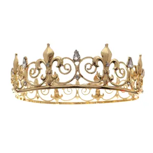 Classic gold king crown for parties featuring vintage filigree and clear crystals