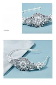 Macro shot of handcrafted bridal headband with white pearls and sparkling rhinestones