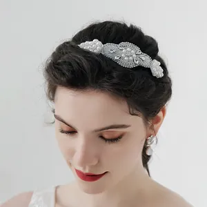 French Vintage Bridal Headband Hand-Sewn Artificial Pearl Rhinestone Satin Hair Band For Wedding Party Elegant Hair Accessories Jewelry