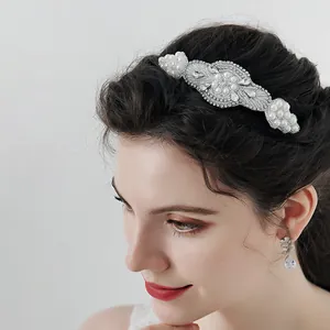 French vintage bridal headband with hand-stitched pearls and rhinestones and matching earrings