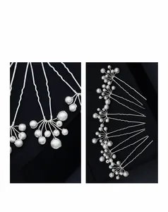 Detail of handcrafted bridal U-shaped hair pins with white pearls and sparkling rhinestones