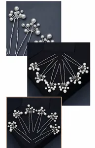 Detail of delicate pearl U-shaped hair pins with silver twisted wire for bridal styling