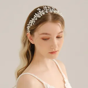 Handmade Bridal Hair Vine Silver Alloy Artificial Pearl Rhinestone Headband Elegant Leaf Flower Hair Accessories For Wedding Party Women Jewelry