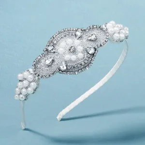 French vintage white satin bridal headband with elegant pearl and rhinestone clusters