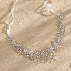 Elegant bridal headband with marquis crystals and pearls on silver wire with white ribbons