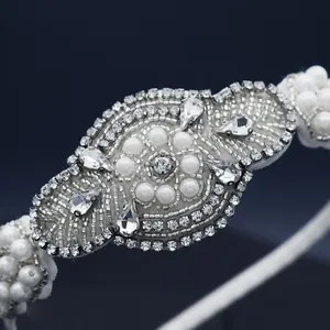 French vintage bridal headband with hand-sewn pearls and crystals on white fabric base