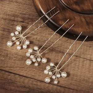 Bridal Imitation Artificial Pearl Hair Pins For Wedding Women Handmade Copper Wire Flower Hair Forks Silver U Shape Hair Jewelry