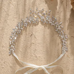 Luxury pearl bridal headband with marquise crystals and ribbon in vine design