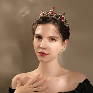 Baroque Vintage Red Rhinestone Crown For Bride Wedding Party Alloy Tiara Headpiece Hair Accessory For Women Costume Jewelry