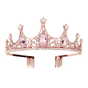 Elegante corona barocca in oro rosa con cristalli rosa e strass per matrimoni e spose