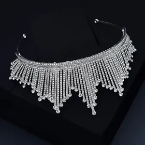 Lujosa corona de novia plateada con flecos de diamantes de imitación y borlas