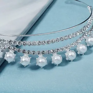 Elegante tiara plateada con diamantes de imitación y perlas blancas para novias de boda