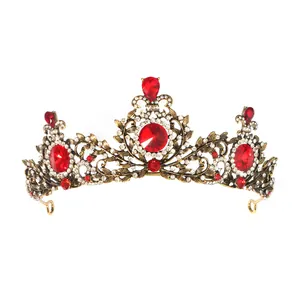Vintage bronze alloy crown with red crystals and rhinestones for bridal party attire