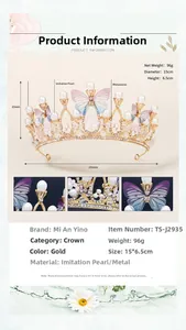 Detail view of pearl butterfly bridal tiara with 15cm diameter and 96g weight specs
