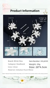 Detailed view of handmade pearl headband with acrylic flowers and size specifications