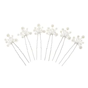 Set of 6 minimalist U-shaped bridal hair pins with white pearls and silver metal wire