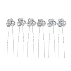 Pack de 6 horquillas en U plateadas con flores de strass y cristales para peinados