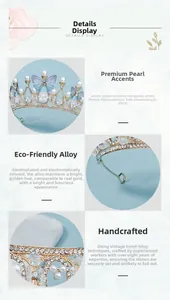 Close-up of handmade bridal crown with pearls, blue butterflies, and sparkling crystals