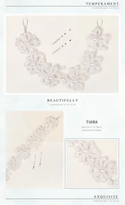 Detailed views of handmade pearl and crystal bridal tiara with floral pattern